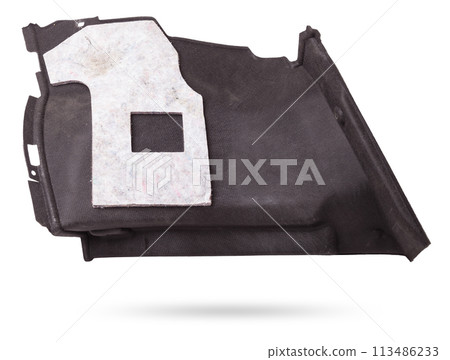 Sheathing of a car body part - trunk made of gray fabric on a white isolated background in a photo studio for replacement or sale in a workshop. Sheathing of a car body part - trunk made of gray fabric on a white isolated background in a photo studio for replacement or sale in a workshop. 113486233