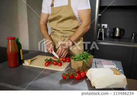 Close-up view of a male chef in beige apron, chopping tomato cherry on a cutting board. Ingredients on the kitchen table. Man cooking healthy salad in the minimalist home kitchen interior Close-up view of a male chef in beige apron, chopping tomato cherry on a cutting board. Ingredients on the kitchen table. Man cooking healthy salad in the minimalist home kitchen interior 113486234