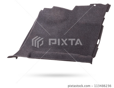 Sheathing of a car body part - trunk made of gray fabric on a white isolated background in a photo studio for replacement or sale in a workshop. Sheathing of a car body part - trunk made of gray fabric on a white isolated background in a photo studio for replacement or sale in a workshop. 113486236