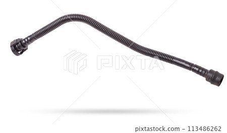 Black rubber hose of the car engine cooling system on a white isolated background in a photo studio for replacement during repair or for a catalog of spare parts for sale on auto disassembly. 113486262