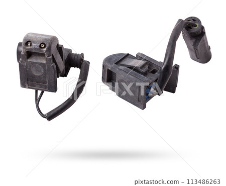 Sale of spare parts during auto-analysis or car repair after an accident and breakdown in service on a white isolated background in a photo studio - a pair of windshield washer nozzles. 113486263
