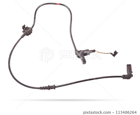 Brake pad wear sensor - car brake system spare part and element on white isolated background. Auto service industry. Spare parts catalog. 113486264