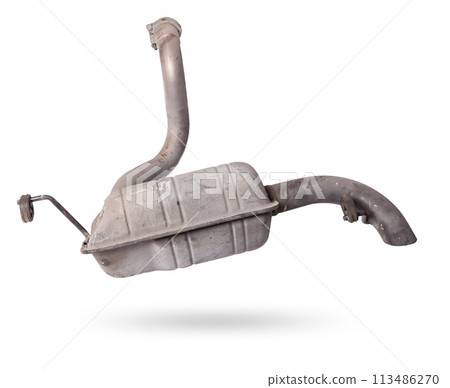 Car exhaust system on a white isolated background with a muffler for welding and car tuning. Catalog of spare parts. 113486270