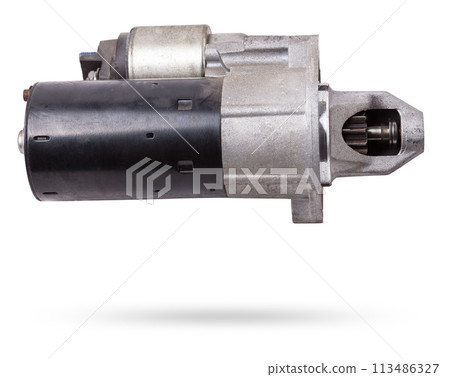 Starter of an internal combustion engine New Spare part for car on a white background. Spare parts catalog. Starter of an internal combustion engine New Spare part for car on a white background. Spare parts catalog. 113486327