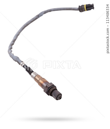 Lambda probe - oxygen sensor device designed to record tamount of remaining oxygen in the exhaust gas of car engine is located in exhaust system. Metal spare part for replacement to repair in workshop 113486334