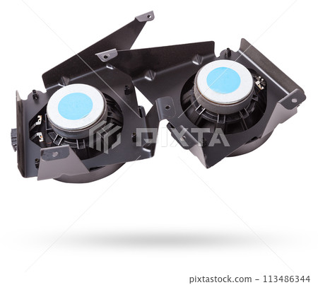 Two speakers of an acoustic system - an audio for playing music in a car interior on a white isolated background in a photo studio. Spare parts for auto repair in a workshop or for sale for tuning Two speakers of an acoustic system - an audio for playing music in a car interior on a white isolated background in a photo studio. Spare parts for auto repair in a workshop or for sale for tuning 113486344