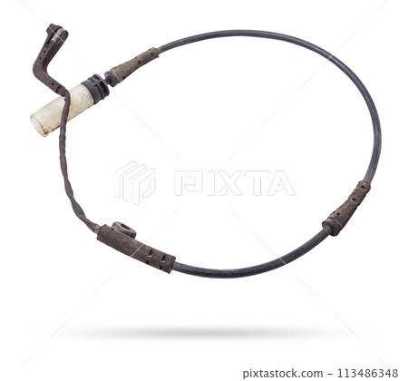 Brake pad wear sensor - car brake system spare part and element on white isolated background. Auto service industry. Spare parts catalog. 113486348