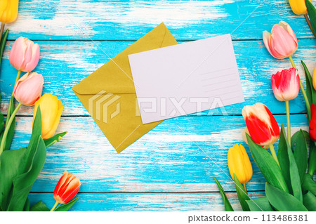 An envelope with a white card with mock up. Blue wooden background with a frame of multicolored tulips. Copy space. The concept of spring holidays An envelope with a white card with mock up. Blue wooden background with a frame of multicolored tulips. Copy space. The concept of spring holidays 113486381