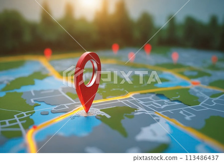 Close-up of digital map with destination red pin. Concept of guide to route and online navigation. Generative Ai 113486437