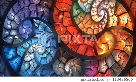 A close up of a colorful stained glass window with swirls, AI A close up of a colorful stained glass window with swirls, AI 113486560