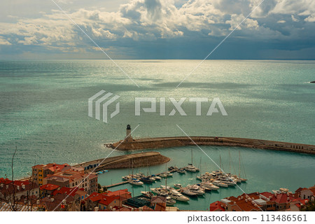 The beautiful aerial view with yachts on Lustica bay Montenegro 113486561