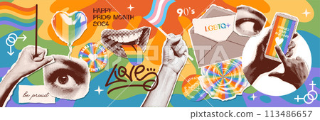 Trendy vintage torn out paper halftone stickers set for mixed media collage. Collection with vector grunge face parts and objects. Pack with punk hands in dotted photographic style. Vector. 113486657