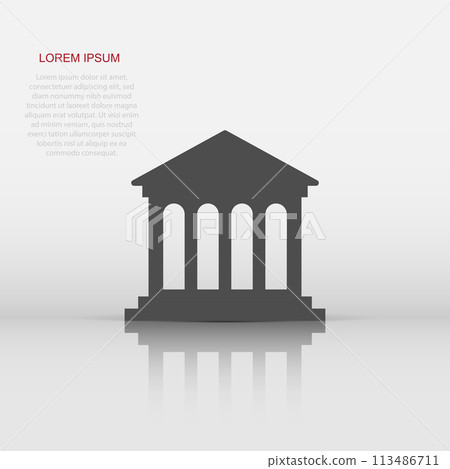 Bank building icon in flat style. Government architecture vector illustration on white isolated background. Museum exterior business concept. 113486711