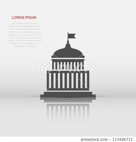 Bank building icon in flat style. Government architecture vector illustration on white isolated background. Museum exterior business concept. Bank building icon in flat style. Government architecture vector illustration on white isolated background. Museum exterior business concept. 113486715