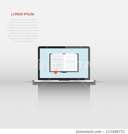 Elearning education icon in flat style. Study vector illustration on white isolated background. Laptop computer online training business concept. Elearning education icon in flat style. Study vector illustration on white isolated background. Laptop computer online training business concept. 113486731