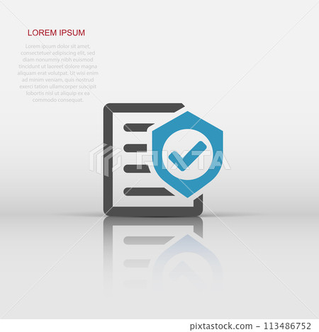 Insurance policy icon in flat style. Report vector illustration on white isolated background. Document business concept. 113486752