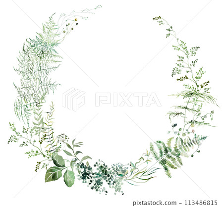 Round frame with Watercolor fern twigs with green leaves isolated illustration, botanical wedding 113486815