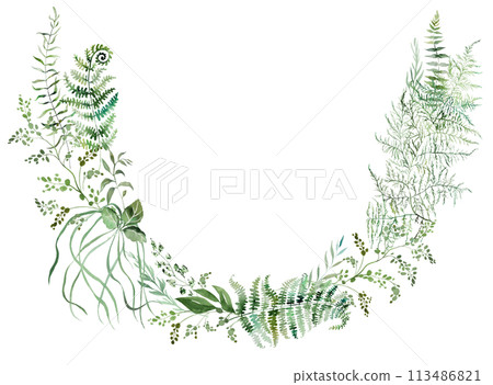 Round wreath with Watercolor fern twigs with green leaves isolated illustration, botanical wedding 113486821