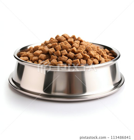 Dry Dog Food in Stainless Steel Bowl Isolated on White Background. Generative ai 113486841