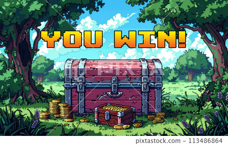 pixelated inscription "you win" against the background of a chest with gold and coins in the style of vintage 8-bit games 113486864