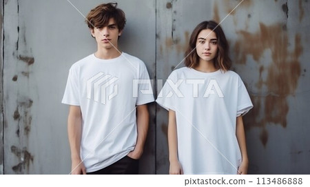 Young Couple in White T-Shirts: Perfect Mockup for Design. Generative ai 113486888