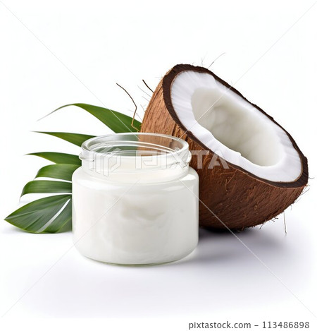 Coconut and Organic Coconut Oil on White. Generative ai Coconut and Organic Coconut Oil on White. Generative ai 113486898