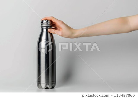 Hand Holding a Stainless Steel Water Bottle. Generative ai 113487060