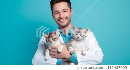 Veterinarian with Playful Kittens. Generative ai 113487099