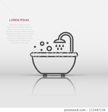 Bath shower icon in flat style. Bathroom hygiene vector illustration on white background. Bath spa business concept. Bath shower icon in flat style. Bathroom hygiene vector illustration on white background. Bath spa business concept. 113487136