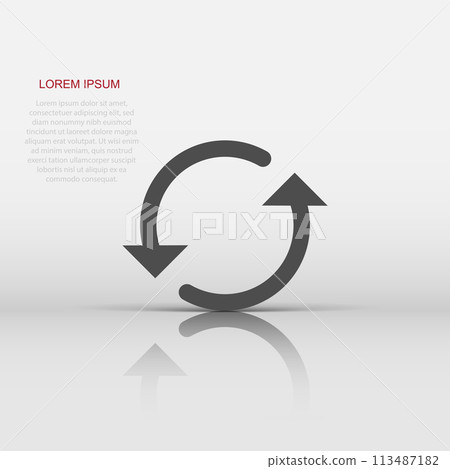 Arrow rotation icon in flat style. Sync action vector illustration on white isolated background. Refresh button business concept. 113487182