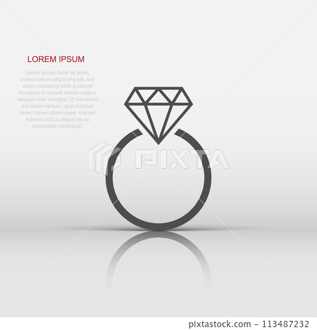 Engagement ring with diamond vector icon in flat style. Wedding jewelery ring illustration on white isolated background. Romance relationship concept. 113487232