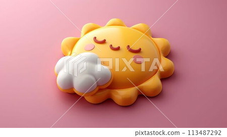 Cheerful Sun Character with Clouds on a Pink Background. Generative ai 113487292