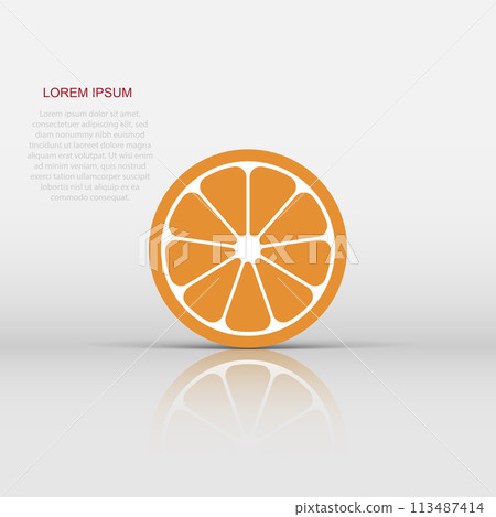 Orange fruit vector icon in flat style. Orange citrus illustration on white isolated background. Tropical food concept. Orange fruit vector icon in flat style. Orange citrus illustration on white isolated background. Tropical food concept. 113487414