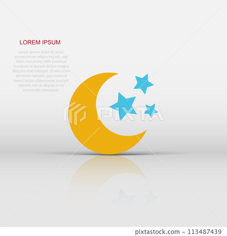 Nighttime moon and stars vector icon in flat style. Lunar night illustration on white isolated background. Moon business concept. Nighttime moon and stars vector icon in flat style. Lunar night illustration on white isolated background. Moon business concept. 113487439