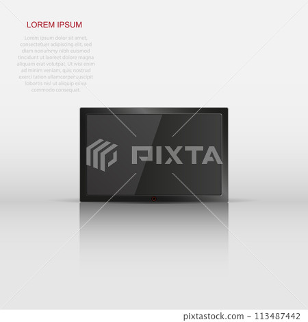 Realistic tv screen vector icon in flat style. Monitor plasma illustration on white isolated background. Tv display business concept. 113487442
