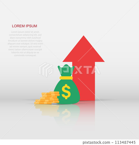 Money trending icon in flat style. Coins with money bag and growth arrow illustration on white isolated background. Financial strategy business concept. 113487445
