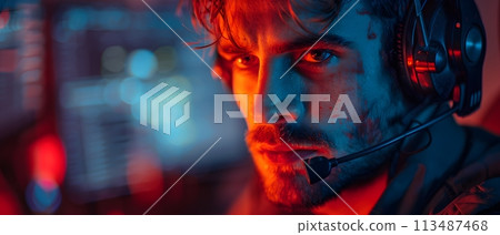 Illustration of call center worker doesn't look convincing in the image which has red tint to symbolize danger. It reflects the current problem of criminals calling to defraud victims in many forms. 113487468