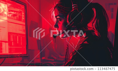 Illustration of call center worker doesn't look convincing in the image which has red tint to symbolize danger. It reflects the current problem of criminals calling to defraud victims in many forms. Illustration of call center worker doesn't look convincing in the image which has red tint to symbolize danger. It reflects the current problem of criminals calling to defraud victims in many forms. 113487475