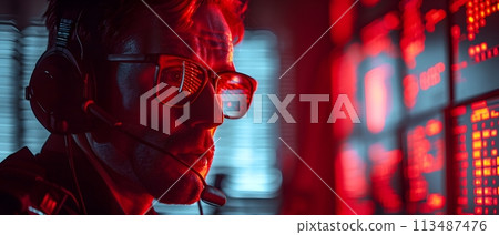 Illustration of call center worker doesn't look convincing in the image which has red tint to symbolize danger. It reflects the current problem of criminals calling to defraud victims in many forms. 113487476