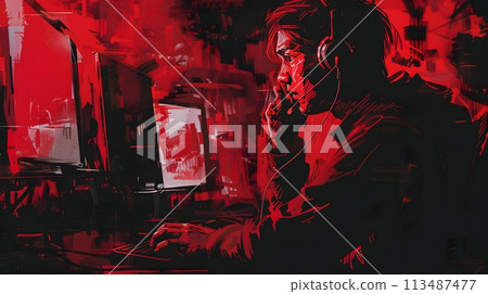Illustration of call center worker doesn't look convincing in the image which has red tint to symbolize danger. It reflects the current problem of criminals calling to defraud victims in many forms. 113487477