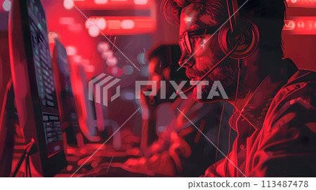Illustration of call center worker doesn't look convincing in the image which has red tint to symbolize danger. It reflects the current problem of criminals calling to defraud victims in many forms. 113487478