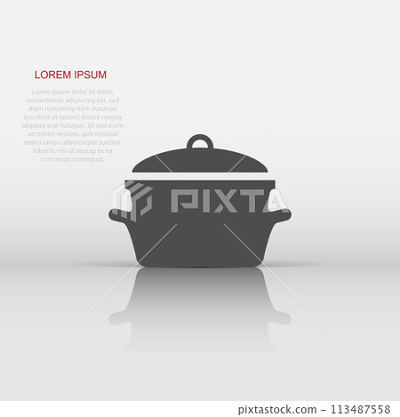 Cooking pan icon in flat style. Kitchen pot illustration on white isolated background. Saucepan equipment business concept. Cooking pan icon in flat style. Kitchen pot illustration on white isolated background. Saucepan equipment business concept. 113487558