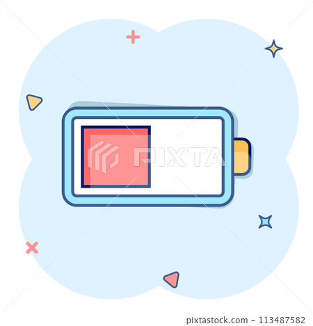 Battery charge icon in comic style. Power level cartoon vector illustration on white isolated background. Lithium accumulator splash effect business concept. Battery charge icon in comic style. Power level cartoon vector illustration on white isolated background. Lithium accumulator splash effect business concept. 113487582