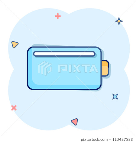 Battery charge icon in comic style. Power level cartoon vector illustration on white isolated background. Lithium accumulator splash effect business concept. 113487588