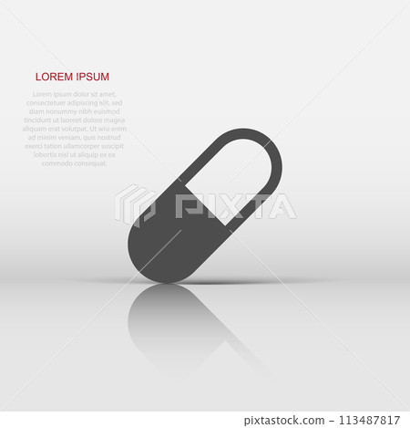 Pill vector icon in flat style. Tablet illustration on white isolated background. Capsule medical concept. 113487817