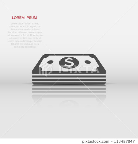 Dollar currency banknote icon in flat style. Dollar cash vector illustration on white isolated background. Banknote bill business concept. 113487847