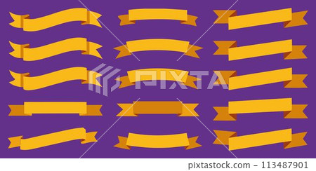 Excellent lovely ribbon, banner or tag vector art set. Flat gold color. Excellent lovely ribbon, banner or tag vector art set. Flat gold color. 113487901