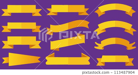 Pretty lovely ribbon, banner or tag vector art set. Flat gold color. Pretty lovely ribbon, banner or tag vector art set. Flat gold color. 113487904