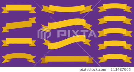 Super lovely ribbon, banner or tag vector art set. Flat gold color. 113487905