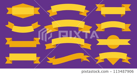 Wonderful lovely ribbon, banner or tag vector art set. Flat gold color. 113487906